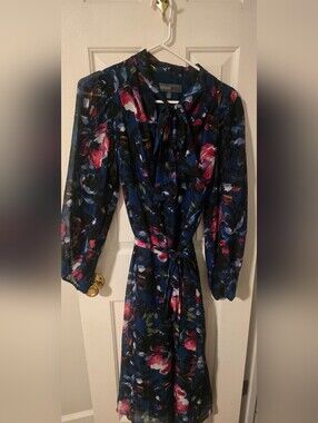 Donna Ricco Navy Floral Tie-Neck Long Sleeve Dress